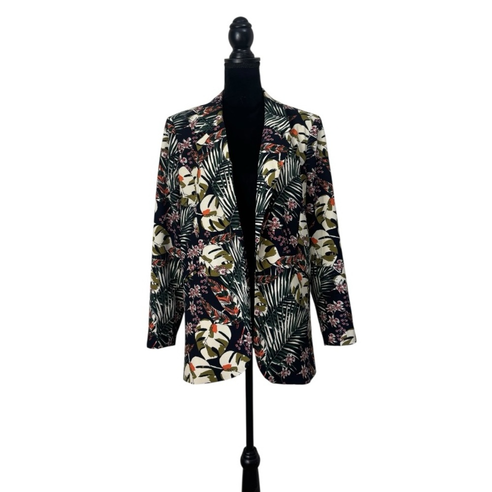 Cynthia Rowley tropical floral navy open front suit jacket blazer size large